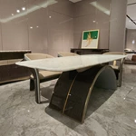 Rounded Rectangular Marble Dining Table with Woven Leather Arched Base and Metal Trim
